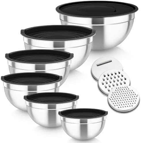 TEAMFAR Rührschüssel Set 6 Stück aus Edelstahl mit Deckel, luftdicht & stapelbar für die Küche, inkl. 3 Reibenaufsätzen