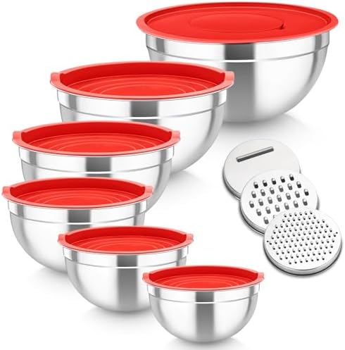 TEAMFAR Rührschüssel Set 6 Stück aus Edelstahl mit Deckel, luftdicht & stapelbar für die Küche, inkl. 3 Reibenaufsätzen