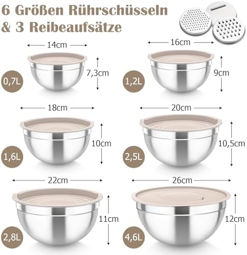 TEAMFAR Rührschüssel Set 6 Stück aus Edelstahl mit Deckel, luftdicht & stapelbar für die Küche, inkl. 3 Reibenaufsätzen