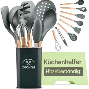 Praknu Silikon Küchenutensilien Set Grau - 8-teilig, Hitzebeständig mit Holzgriff - Ideal für schonendes Kochen