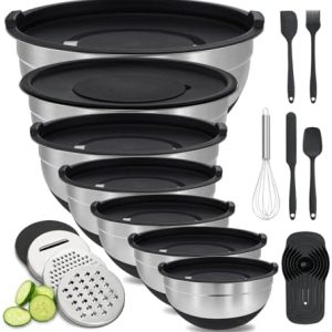 BEWOS Rührschüssel Set 7-teilig aus Edelstahl mit Deckel, Anti-Rutsch-Boden für perfekte Mix-Ergebnisse in der Küche