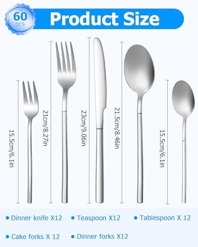 Edelstahl Besteck Set 12 Personen – 60-teilig, spülmaschinenfest, Hochglanz, perfekt für Haus, Partys & Restaurants