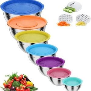 Pleafind 7-teiliges Rührschüssel-Set aus Edelstahl – Stapelbare Schalen mit Deckel & 3 Reibeaufsätzen für jede Küche