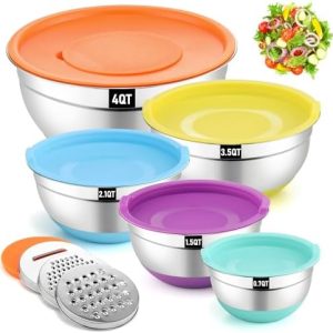 Hunnycook Buntes Rührschüssel Set 5er, Edelstahl mit Deckel & Silikonboden für die Küche