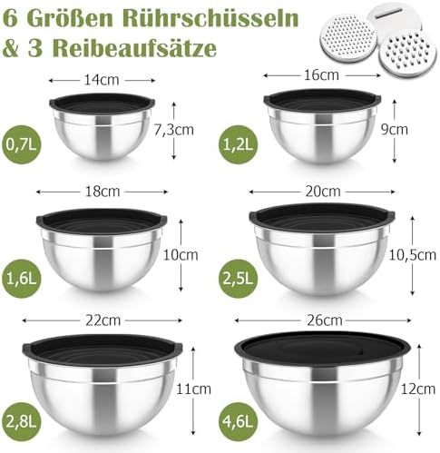 TEAMFAR Rührschüssel Set 6 Stück aus Edelstahl mit Deckel, luftdicht & stapelbar für die Küche, inkl. 3 Reibenaufsätzen