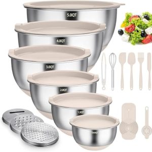 Terlulu Rührschüssel Set 6er, Edelstahl Salatschüsseln mit Deckel & Silikonboden, rutschfest in Khaki - Ideal für Küchen