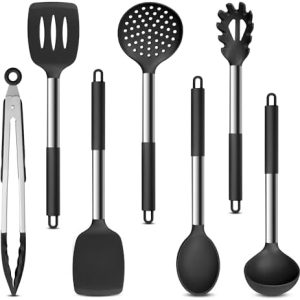 Herogo Küchenhelfer Set – 7-teiliges Silikon Küchenutensilien Set mit Edelstahlgriffen, hitzebeständig und spülmaschinen