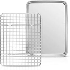 TEAMFAR Rechteckiges Backblech mit Abkühlgitter – Ungiftiges Edelstahl-Kuchenblech, Ideal zum Backen, Spülmaschinenfest,