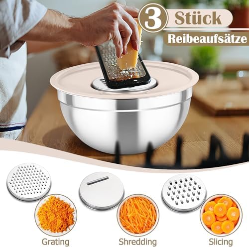 TEAMFAR Rührschüssel Set 6 Stück aus Edelstahl mit Deckel, luftdicht & stapelbar für die Küche, inkl. 3 Reibenaufsätzen