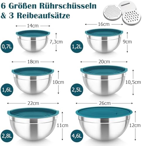 TEAMFAR Rührschüssel Set 6 Stück aus Edelstahl mit Deckel, luftdicht & stapelbar für die Küche, inkl. 3 Reibenaufsätzen
