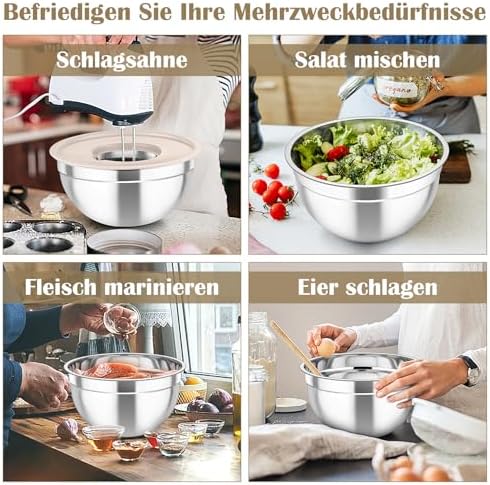 TEAMFAR Rührschüssel Set 6 Stück aus Edelstahl mit Deckel, luftdicht & stapelbar für die Küche, inkl. 3 Reibenaufsätzen