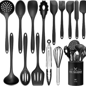 Wildone 15-teiliges Silikon Küchenutensilien-Set für stressfreies Kochen – Hitzebeständig & Spülmaschinenfest (Schwarz)