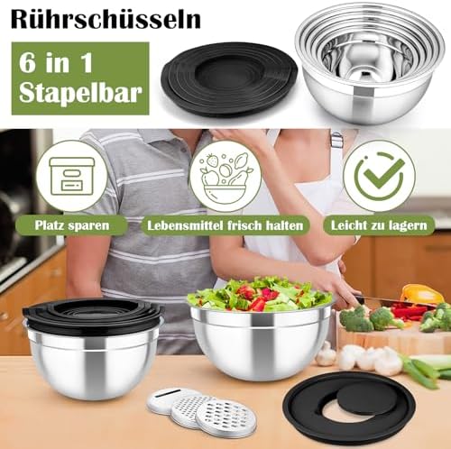 TEAMFAR Rührschüssel Set 6 Stück aus Edelstahl mit Deckel, luftdicht & stapelbar für die Küche, inkl. 3 Reibenaufsätzen