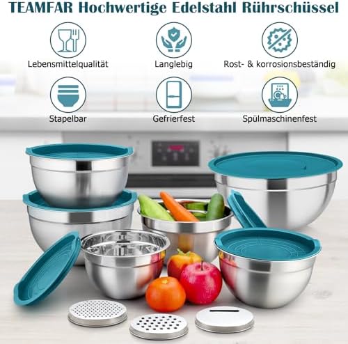 TEAMFAR Rührschüssel Set 6 Stück aus Edelstahl mit Deckel, luftdicht & stapelbar für die Küche, inkl. 3 Reibenaufsätzen