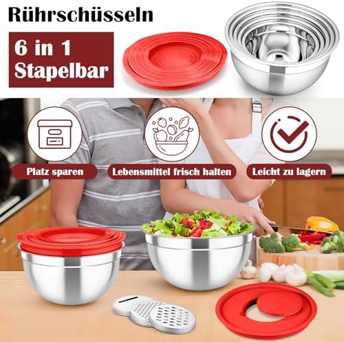 TEAMFAR Rührschüssel Set 6 Stück aus Edelstahl mit Deckel, luftdicht & stapelbar für die Küche, inkl. 3 Reibenaufsätzen