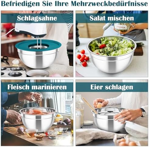 TEAMFAR Rührschüssel Set 6 Stück aus Edelstahl mit Deckel, luftdicht & stapelbar für die Küche, inkl. 3 Reibenaufsätzen