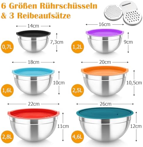 TEAMFAR Rührschüssel Set 6 Stück aus Edelstahl mit Deckel, luftdicht & stapelbar für die Küche, inkl. 3 Reibenaufsätzen
