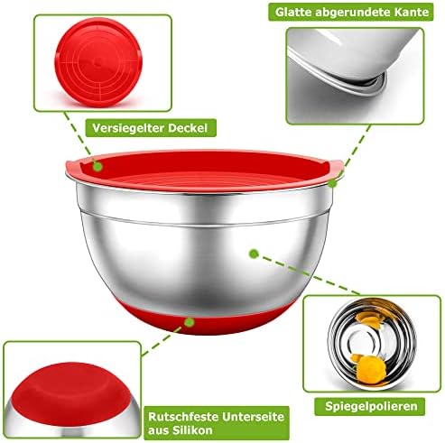 TEAMFAR Rührschüssel Set 6 Stück aus Edelstahl mit Deckel, luftdicht & stapelbar für die Küche, inkl. 3 Reibenaufsätzen