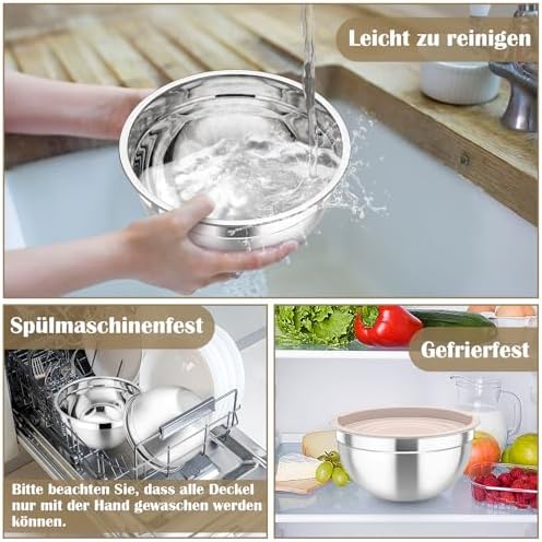 TEAMFAR Rührschüssel Set 6 Stück aus Edelstahl mit Deckel, luftdicht & stapelbar für die Küche, inkl. 3 Reibenaufsätzen