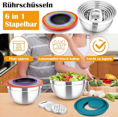 TEAMFAR Rührschüssel Set 6 Stück aus Edelstahl mit Deckel, luftdicht & stapelbar für die Küche, inkl. 3 Reibenaufsätzen