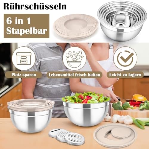 TEAMFAR Rührschüssel Set 6 Stück aus Edelstahl mit Deckel, luftdicht & stapelbar für die Küche, inkl. 3 Reibenaufsätzen