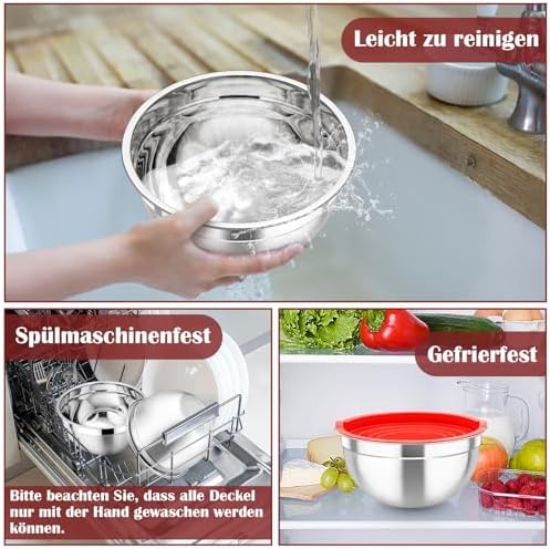 TEAMFAR Rührschüssel Set 6 Stück aus Edelstahl mit Deckel, luftdicht & stapelbar für die Küche, inkl. 3 Reibenaufsätzen