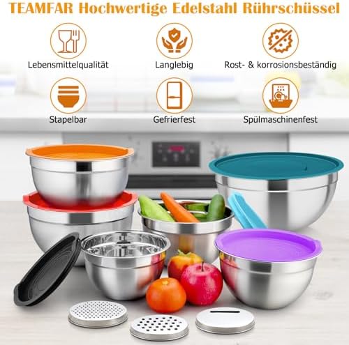 TEAMFAR Rührschüssel Set 6 Stück aus Edelstahl mit Deckel, luftdicht & stapelbar für die Küche, inkl. 3 Reibenaufsätzen