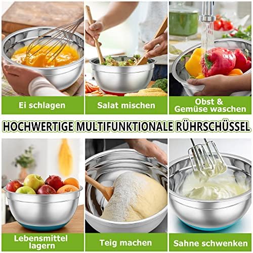 TEAMFAR Rührschüssel Set 6 Stück aus Edelstahl mit Deckel, luftdicht & stapelbar für die Küche, inkl. 3 Reibenaufsätzen