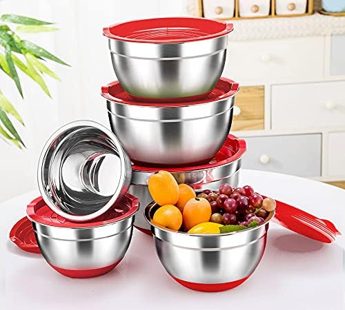 TEAMFAR Rührschüssel Set 6 Stück aus Edelstahl mit Deckel, luftdicht & stapelbar für die Küche, inkl. 3 Reibenaufsätzen