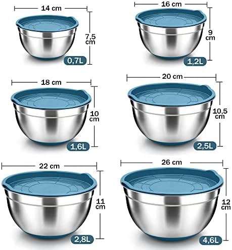 TEAMFAR Rührschüssel Set 6 Stück aus Edelstahl mit Deckel, luftdicht & stapelbar für die Küche, inkl. 3 Reibenaufsätzen