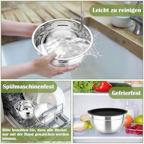 TEAMFAR Rührschüssel Set 6 Stück aus Edelstahl mit Deckel, luftdicht & stapelbar für die Küche, inkl. 3 Reibenaufsätzen