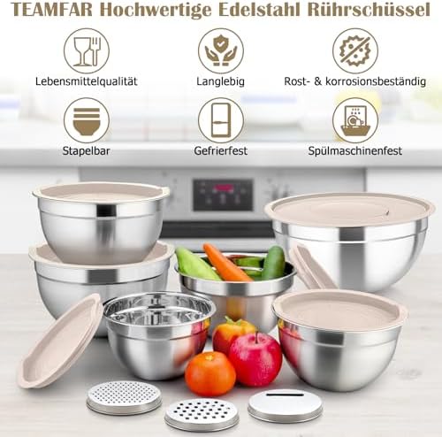 TEAMFAR Rührschüssel Set 6 Stück aus Edelstahl mit Deckel, luftdicht & stapelbar für die Küche, inkl. 3 Reibenaufsätzen