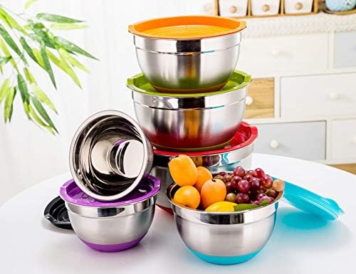 TEAMFAR Rührschüssel Set 6 Stück aus Edelstahl mit Deckel, luftdicht & stapelbar für die Küche, inkl. 3 Reibenaufsätzen