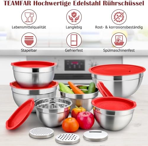 TEAMFAR Rührschüssel Set 6 Stück aus Edelstahl mit Deckel, luftdicht & stapelbar für die Küche, inkl. 3 Reibenaufsätzen
