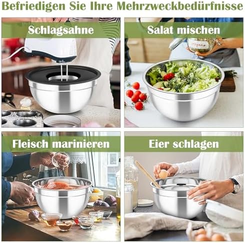 TEAMFAR Rührschüssel Set 6 Stück aus Edelstahl mit Deckel, luftdicht & stapelbar für die Küche, inkl. 3 Reibenaufsätzen