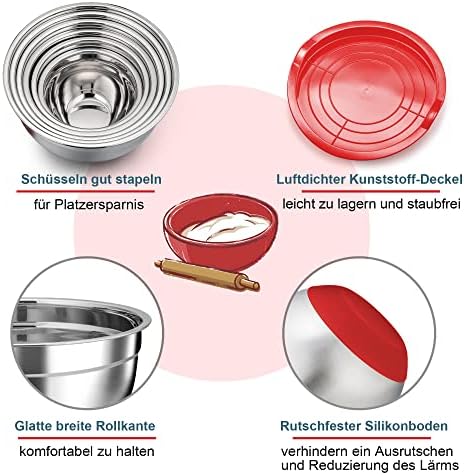 TEAMFAR Rührschüssel Set 6 Stück aus Edelstahl mit Deckel, luftdicht & stapelbar für die Küche, inkl. 3 Reibenaufsätzen