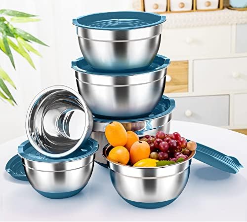 TEAMFAR Rührschüssel Set 6 Stück aus Edelstahl mit Deckel, luftdicht & stapelbar für die Küche, inkl. 3 Reibenaufsätzen
