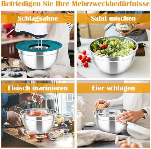 TEAMFAR Rührschüssel Set 6 Stück aus Edelstahl mit Deckel, luftdicht & stapelbar für die Küche, inkl. 3 Reibenaufsätzen