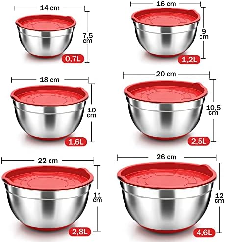 TEAMFAR Rührschüssel Set 6 Stück aus Edelstahl mit Deckel, luftdicht & stapelbar für die Küche, inkl. 3 Reibenaufsätzen
