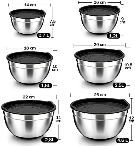 TEAMFAR Rührschüssel Set 6 Stück aus Edelstahl mit Deckel, luftdicht & stapelbar für die Küche, inkl. 3 Reibenaufsätzen