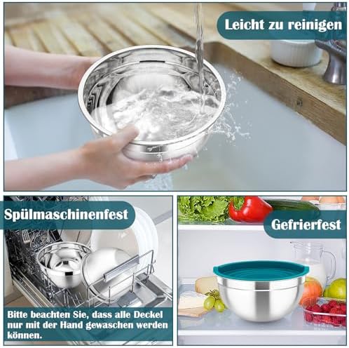 TEAMFAR Rührschüssel Set 6 Stück aus Edelstahl mit Deckel, luftdicht & stapelbar für die Küche, inkl. 3 Reibenaufsätzen