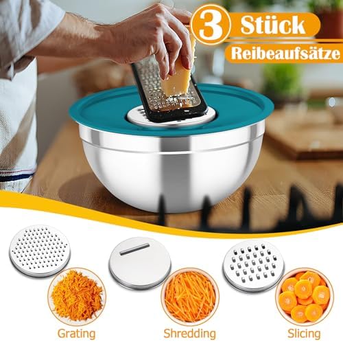 TEAMFAR Rührschüssel Set 6 Stück aus Edelstahl mit Deckel, luftdicht & stapelbar für die Küche, inkl. 3 Reibenaufsätzen