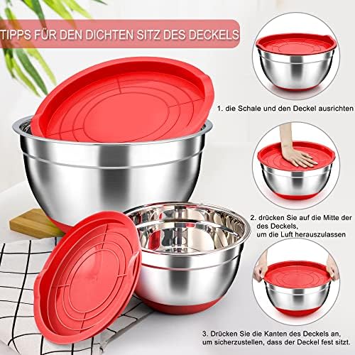 TEAMFAR Rührschüssel Set 6 Stück aus Edelstahl mit Deckel, luftdicht & stapelbar für die Küche, inkl. 3 Reibenaufsätzen