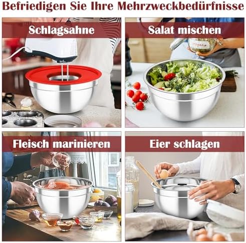 TEAMFAR Rührschüssel Set 6 Stück aus Edelstahl mit Deckel, luftdicht & stapelbar für die Küche, inkl. 3 Reibenaufsätzen