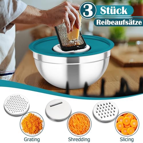 TEAMFAR Rührschüssel Set 6 Stück aus Edelstahl mit Deckel, luftdicht & stapelbar für die Küche, inkl. 3 Reibenaufsätzen