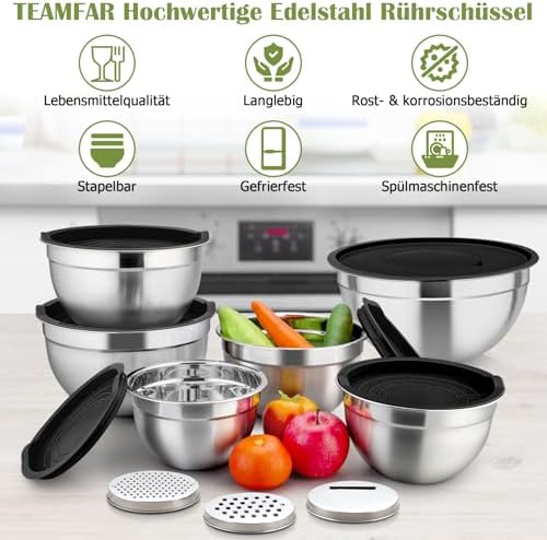 TEAMFAR Rührschüssel Set 6 Stück aus Edelstahl mit Deckel, luftdicht & stapelbar für die Küche, inkl. 3 Reibenaufsätzen