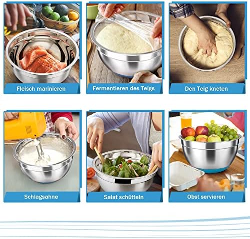 TEAMFAR Rührschüssel Set 6 Stück aus Edelstahl mit Deckel, luftdicht & stapelbar für die Küche, inkl. 3 Reibenaufsätzen