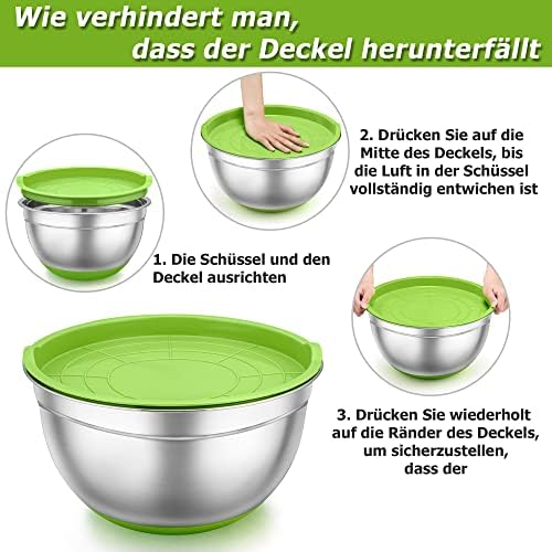 TEAMFAR Rührschüssel Set 6 Stück aus Edelstahl mit Deckel, luftdicht & stapelbar für die Küche, inkl. 3 Reibenaufsätzen