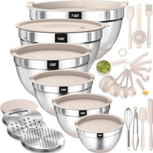 Terlulu Rührschüssel Set 6er, Edelstahl mit luftdichtem Deckel & Silikonboden, ideal zum Backen/Servieren - Khaki