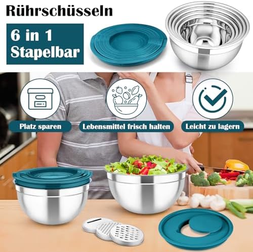 TEAMFAR Rührschüssel Set 6 Stück aus Edelstahl mit Deckel, luftdicht & stapelbar für die Küche, inkl. 3 Reibenaufsätzen